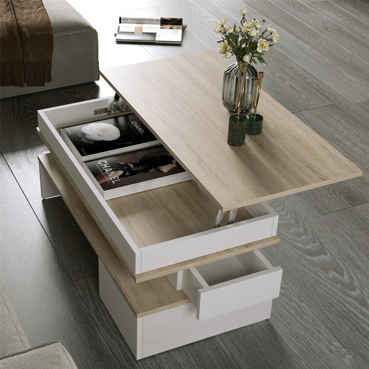 Moderner Couchtisch Mit Höhenverstellbarer Tischplatte Eiche Sonoma Dekor  Und Weiß for Couchtisch Höhenverstellbar Modern